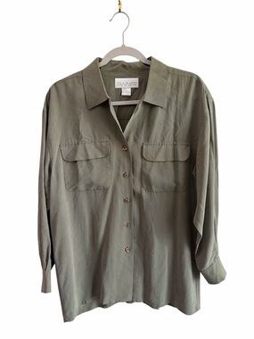 TANNER 100% Silk Olive Green Long Sleeve Button-Up Shirt 10 Safari Tourist FLAWS